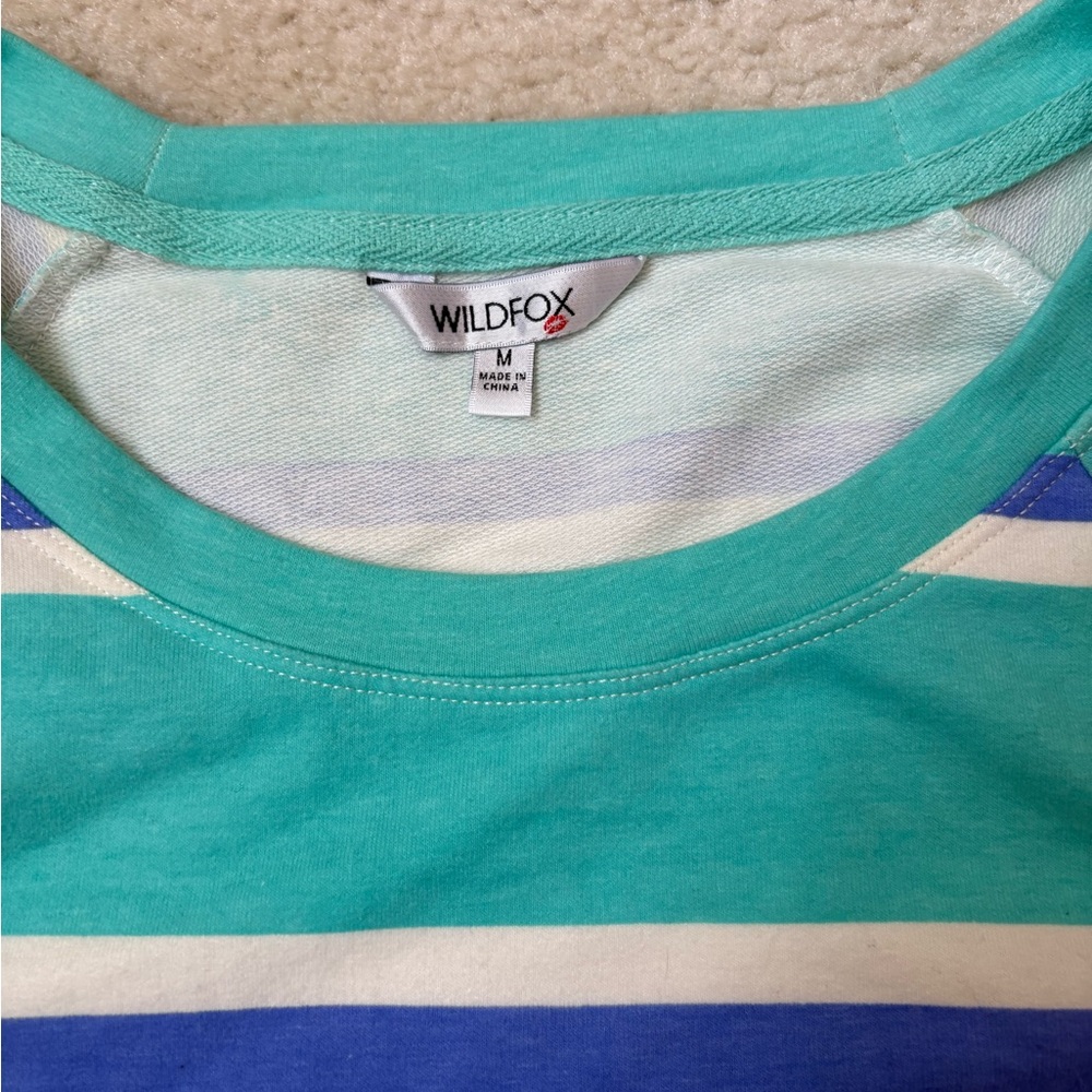 Wildfox blue and teal striped long sleeve tee, sz M, relaxed loungewear, stretch - Picture 2 of 6